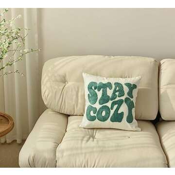 FAVDEC Embroidered Stay Cozy Decorative Throw Pillow Cover, Stay Cozy 18 Inches x 18 Inches Cover Only