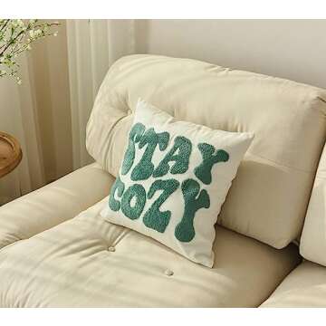 FAVDEC Embroidered Stay Cozy Decorative Throw Pillow Cover, Stay Cozy 18 Inches x 18 Inches Cover Only
