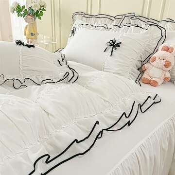IHOUSTRIY White Duvet Cover Queen Size, Ruffle Beddding Set with Bowtie, 3 Pieces Comforter Cover Set with Zipper Closure, Girl Bedding with Pillowcase - Whte, Queen