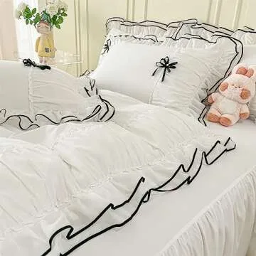 IHOUSTRIY White Duvet Cover Queen Size, Ruffle Beddding Set with Bowtie, 3 Pieces Comforter Cover Set with Zipper Closure, Girl Bedding with Pillowcase - Whte, Queen
