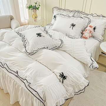 IHOUSTRIY White Duvet Cover Queen Size, Ruffle Beddding Set with Bowtie, 3 Pieces Comforter Cover Set with Zipper Closure, Girl Bedding with Pillowcase - Whte, Queen