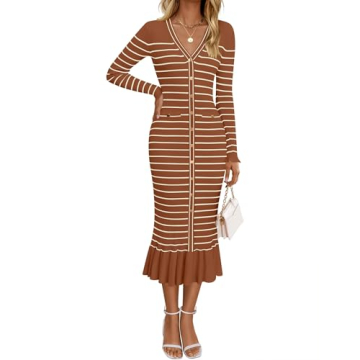 ZESICA Women’s Striped Sweater Dress - Elegant V Neck Bodycon Knit