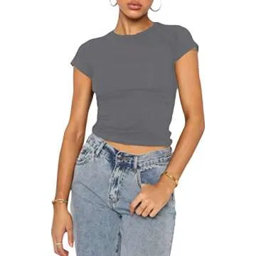 KMBANGI Women Basic Crop Top Short Sleeve Solid Round Neck Skinny Tops Cap Sleeve Slim Tee Shirt Cute Aesthetic Clothes(B Chic Gray,M)