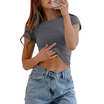 KMBANGI Women Basic Crop Top Short Sleeve Solid Round Neck Skinny Tops Cap Sleeve Slim Tee Shirt Cute Aesthetic Clothes(B Chic Gray,M)