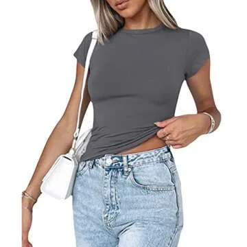 KMBANGI Women Basic Crop Top Short Sleeve Solid Round Neck Skinny Tops Cap Sleeve Slim Tee Shirt Cute Aesthetic Clothes(B Chic Gray,M)