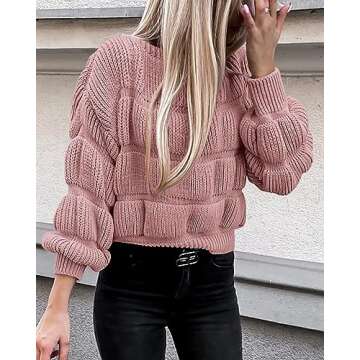 PRETTYGARDEN Women's 2024 Fall Sweaters Casual Crew Neck Pullover Long Puff Sleeve Loose Plain Chunky Knit Cute Blouse Tops (Pink,Medium)
