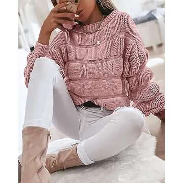 PRETTYGARDEN Women's 2024 Fall Sweaters Casual Crew Neck Pullover Long Puff Sleeve Loose Plain Chunky Knit Cute Blouse Tops (Pink,Medium)