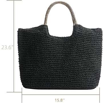 QTKJHand-woven Soft Large Straw Shoulder Bag, Beach Tote Black Boho Straw Handle Tote Retro Summer B...