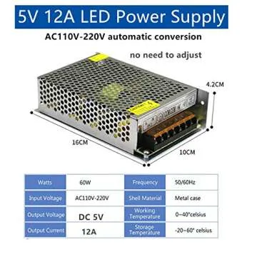 DC 5V 12A Power Supply, PHEVOS AC 110/120 to DC 5V Universal Switching Transformer Adapter for Raspberry PI Models, CCTV, Radio, Computer Project, LED Strips Pixel Lights