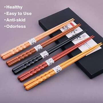 GLAMFIELDS Reusable Chopsticks Japanese Natural Wooden 5 Pairs Classic Style Lightweight Hand-Carved...