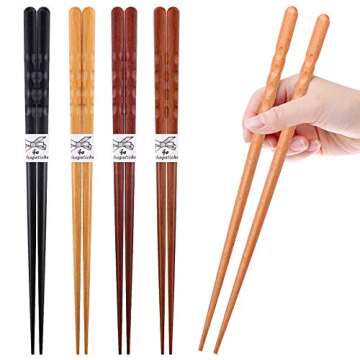 GLAMFIELDS Reusable Chopsticks Japanese Natural Wooden 5 Pairs Classic Style Lightweight Hand-Carved Safe Chop Sticks 8.8 Inch/22.5cm Gift Set