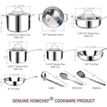 HOMICHEF 14-Piece Nickel Free Stainless Steel Cookware Set Whole-Clad 3-Ply - Mirror Polished Pots And Pans Set - Healthy Cookware Set With Steamer - Non-Toxic Induction Cookware Sets