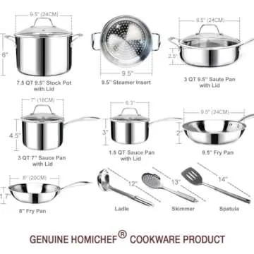HOMICHEF 14-Piece Nickel Free Stainless Steel Cookware Set Whole-Clad 3-Ply - Mirror Polished Pots And Pans Set - Healthy Cookware Set With Steamer - Non-Toxic Induction Cookware Sets