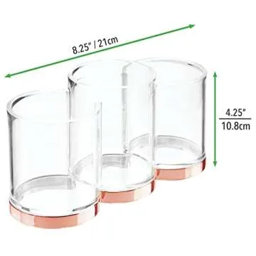 mDesign Practical Makeup Storage – Decorative Makeup Box for Brushes and Mascara – Make Up Display with 3 Compartments – Transparent and Red Gold