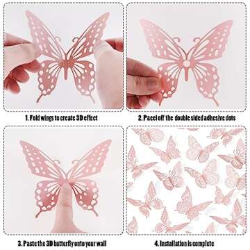 SAOROPEB 3D Butterfly Wall Decor 48 Pcs 4 Styles 3 Sizes, Pink Butterfly Birthday Decorations Pink Room Decor Butterfly Party Decorations Cake Decorations, Removable Wall Stickers (Pink)