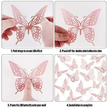 SAOROPEB 3D Butterfly Wall Decor 48 Pcs 4 Styles 3 Sizes, Pink Butterfly Birthday Decorations Pink Room Decor Butterfly Party Decorations Cake Decorations, Removable Wall Stickers (Pink)