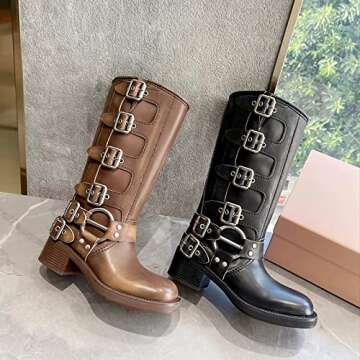MissHeel Wide Calf Knee High Boots for Women Black Riding Boots Leather Mid Calf Motorcycle Boots Cowboy Size US 6