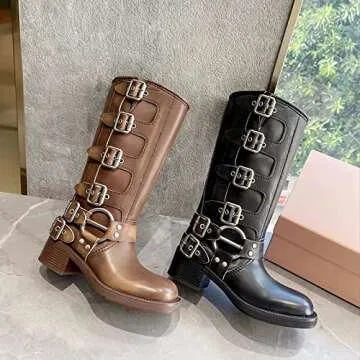 MissHeel Wide Calf Knee High Boots for Women Black Riding Boots Leather Mid Calf Motorcycle Boots Cowboy Size US 6