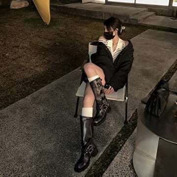 MissHeel Wide Calf Knee High Boots for Women Black Riding Boots Leather Mid Calf Motorcycle Boots Cowboy Size US 6