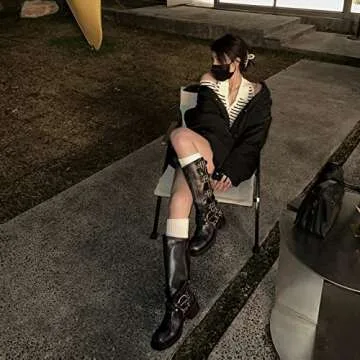 MissHeel Wide Calf Knee High Boots for Women Black Riding Boots Leather Mid Calf Motorcycle Boots Cowboy Size US 6