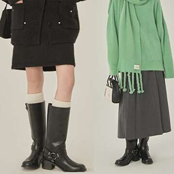 MissHeel Wide Calf Knee High Boots for Women Black Riding Boots Leather Mid Calf Motorcycle Boots Cowboy Size US 6