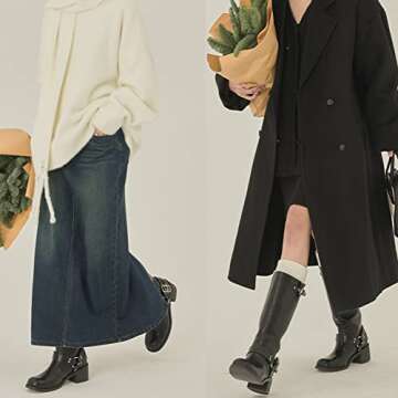 MissHeel Wide Calf Knee High Boots for Women Black Riding Boots Leather Mid Calf Motorcycle Boots Cowboy Size US 6