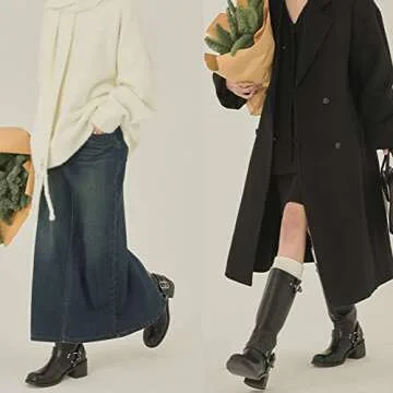 MissHeel Wide Calf Knee High Boots for Women Black Riding Boots Leather Mid Calf Motorcycle Boots Cowboy Size US 6