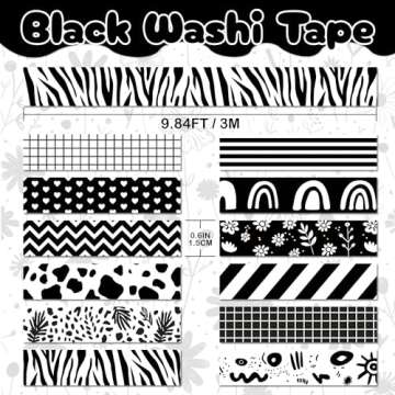 NIKOMIE 12 Rolls Washi Tape Set, Black & White Decorative Tape,15 mm Checkered Plaids Stripes Maskin...