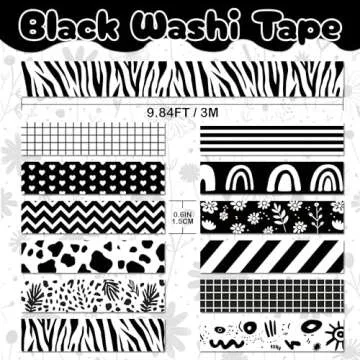 NIKOMIE 12 Rolls Washi Tape Set, Black & White Decorative Tape,15 mm Checkered Plaids Stripes Maskin...