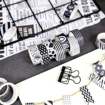 NIKOMIE 12 Rolls Washi Tape Set, Black & White Decorative Tape,15 mm Checkered Plaids Stripes Masking Tape for Journaling Supplies, Junk Journal, Scrapbooking, DIY Arts & Crafts,Gift Wrapping