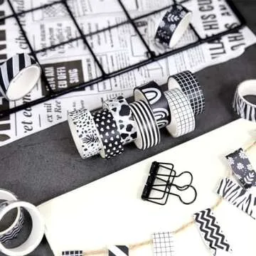 NIKOMIE 12 Rolls Washi Tape Set, Black & White Decorative Tape,15 mm Checkered Plaids Stripes Masking Tape for Journaling Supplies, Junk Journal, Scrapbooking, DIY Arts & Crafts,Gift Wrapping