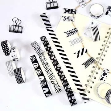 NIKOMIE 12 Rolls Washi Tape Set, Black & White Decorative Tape,15 mm Checkered Plaids Stripes Masking Tape for Journaling Supplies, Junk Journal, Scrapbooking, DIY Arts & Crafts,Gift Wrapping