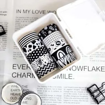 NIKOMIE 12 Rolls Washi Tape Set, Black & White Decorative Tape,15 mm Checkered Plaids Stripes Masking Tape for Journaling Supplies, Junk Journal, Scrapbooking, DIY Arts & Crafts,Gift Wrapping