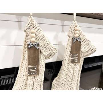 Wood Stocking Name Tags, Personalized Stocking Tags, Farmhouse Christmas Stocking Tag, White and Black Buffalo Check, (stockings not included)