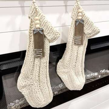 Wood Stocking Name Tags, Personalized Stocking Tags, Farmhouse Christmas Stocking Tag, White and Black Buffalo Check, (stockings not included)