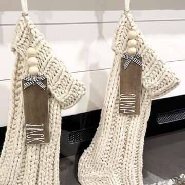 Wood Stocking Name Tags, Personalized Stocking Tags, Farmhouse Christmas Stocking Tag, White and Black Buffalo Check, (stockings not included)