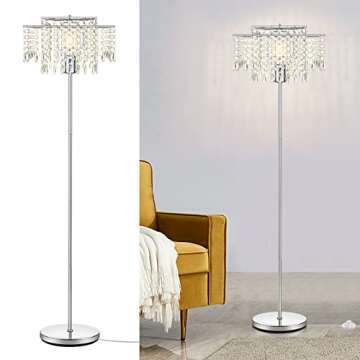Mlambert Double-Layer Modern Lampshade Crystal Floor Lamp for Bedroom for Livingroom,Elegant Standing Lamp,61.57" Tall Pole Lamp,6W LED Bulb,Silver