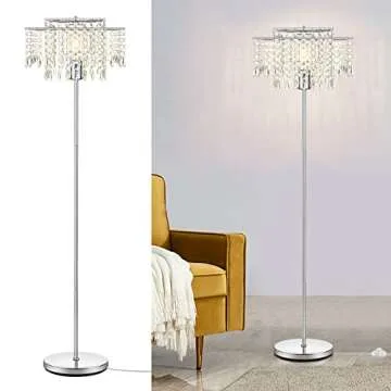Mlambert Double-Layer Modern Lampshade Crystal Floor Lamp for Bedroom for Livingroom,Elegant Standing Lamp,61.57" Tall Pole Lamp,6W LED Bulb,Silver