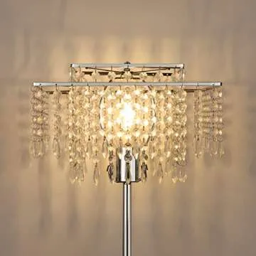 Mlambert Double-Layer Modern Lampshade Crystal Floor Lamp for Bedroom for Livingroom,Elegant Standing Lamp,61.57" Tall Pole Lamp,6W LED Bulb,Silver