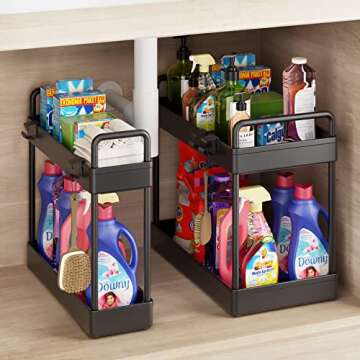 2pcs Under Sink Organizers and Storage,Black Under Sink Organizer,2 Tier Kitchen Cabinet Sink Organizer with Hooks for Home Kitchen Bathroom
