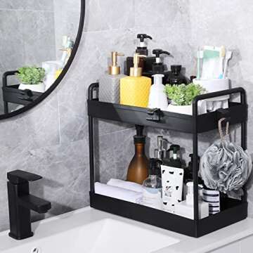 2pcs Under Sink Organizers and Storage,Black Under Sink Organizer,2 Tier Kitchen Cabinet Sink Organizer with Hooks for Home Kitchen Bathroom
