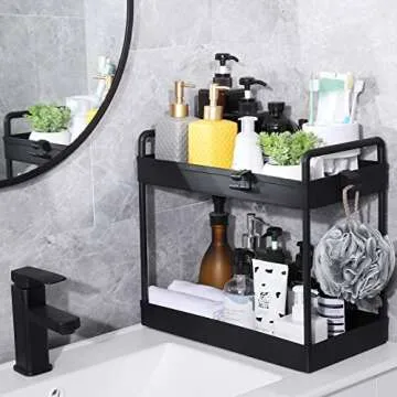 2pcs Under Sink Organizers and Storage,Black Under Sink Organizer,2 Tier Kitchen Cabinet Sink Organizer with Hooks for Home Kitchen Bathroom
