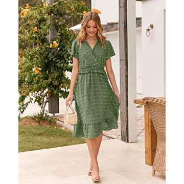 BTFBM Elegant Short Sleeve V Neck Swiss Dot Midi Summer Dresses for Women 2023 Boho Ruffle Long Dresses Ruffle Cocktail Dress（Solid Green,Medium