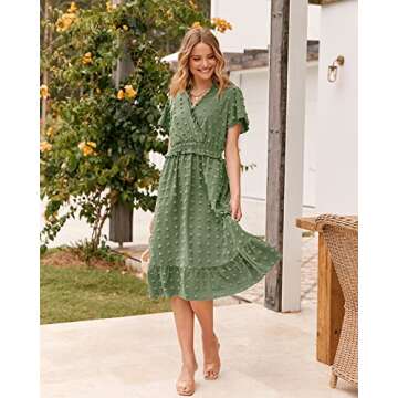 BTFBM Elegant Short Sleeve V Neck Swiss Dot Midi Summer Dresses for Women 2023 Boho Ruffle Long Dresses Ruffle Cocktail Dress（Solid Green,Medium