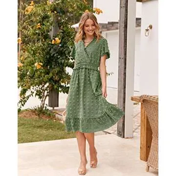 BTFBM Elegant Short Sleeve V Neck Swiss Dot Midi Summer Dresses for Women 2023 Boho Ruffle Long Dresses Ruffle Cocktail Dress（Solid Green,Medium