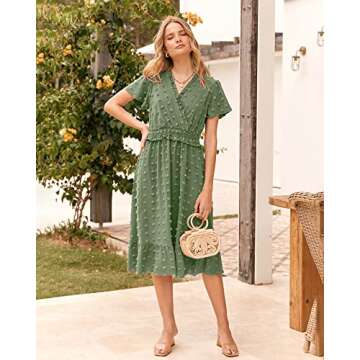 BTFBM Elegant Short Sleeve V Neck Swiss Dot Midi Summer Dresses for Women 2023 Boho Ruffle Long Dresses Ruffle Cocktail Dress（Solid Green,Medium