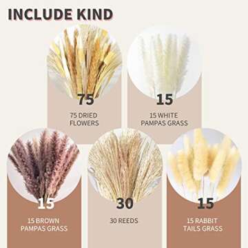 Osheng Natural Pampas Grass Decor Boho Home Decor Mix Bouquet Dried Flowers for Table Decor Wedding Floral Arrangements Rustic Decor 75pcs