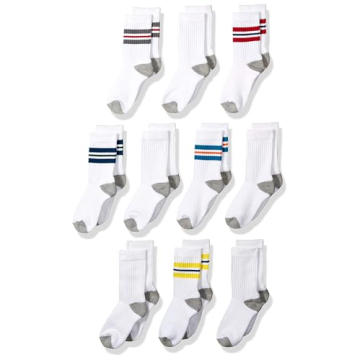 Amazon Essentials Boys' Cotton Crew Sports Socks - 10 Pairs, White Stripe, 4-5T