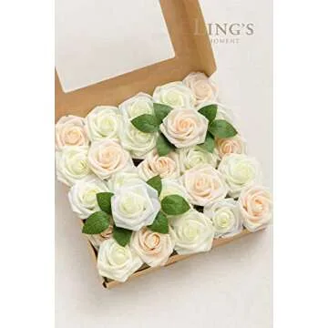 Ling's Moment 25Pcs Ivory Blush Roses Decor w/Stems,3" Real Touch DIY Foam Floral for Wedding Bouque...