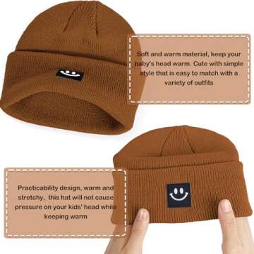 Fynnsure Baby Beanie Baby Winter Hat with Smile Face Toddler Beanie Soft Knit Toddler Beanies for Boys Girls Caramel 2-6T